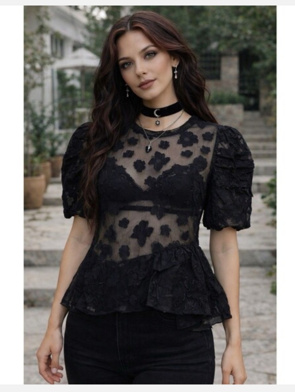 Zara Black Organza Velvet Flower Applique Puff Sleeve Peplum Top Small